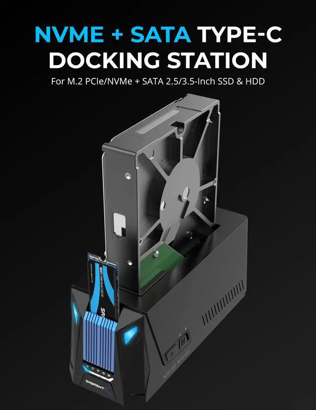 Alt view image 2 of 6 - SABRENT USB C Docking Station for M.2 PCIe/NVMe and SATA 2.5/3.5-Inch SSD & HDD with Offline Cloning (DS-UNHC)