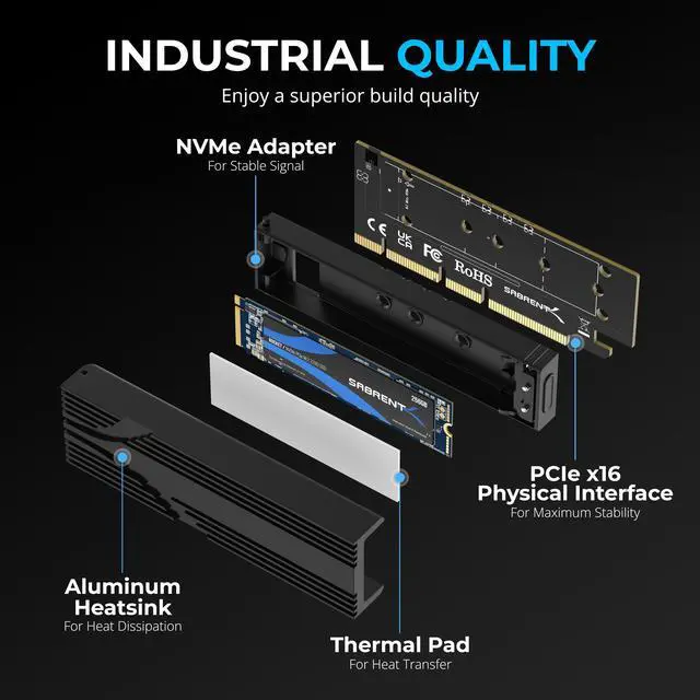 Alt view image 3 of 13 - SABRENT M.2 NVMe SSD to PCIe x16 Tool-Free Add-In Card (AIC) with Aluminum Heatsink, M.2 PCIe Adapter for Gen5 SSDs PCIe 5.0, Backwards Compatible with Previous PCIe Generations (EC-TFPE)