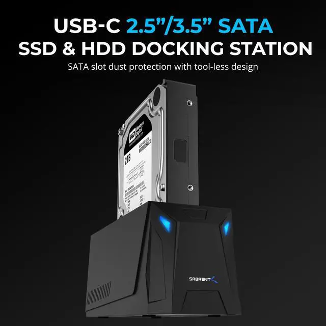 Alt view image 2 of 6 - SABRENT USB-C Hard Drive Docking Station, 2.5"/3.5" Inch SATA SSD & HDD Tool Free 10Gbps Docking Station, Hot Swappable, Supports 20TB Drives, for Windows and Mac (DS-UC1B)