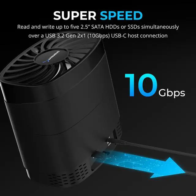 Alt view image 6 of 7 - SABRENT 5-Bay USB-C Docking Station for 2.5 SATA HDDs and SSDs with Built-in Cooling Fan (DS-5R15)