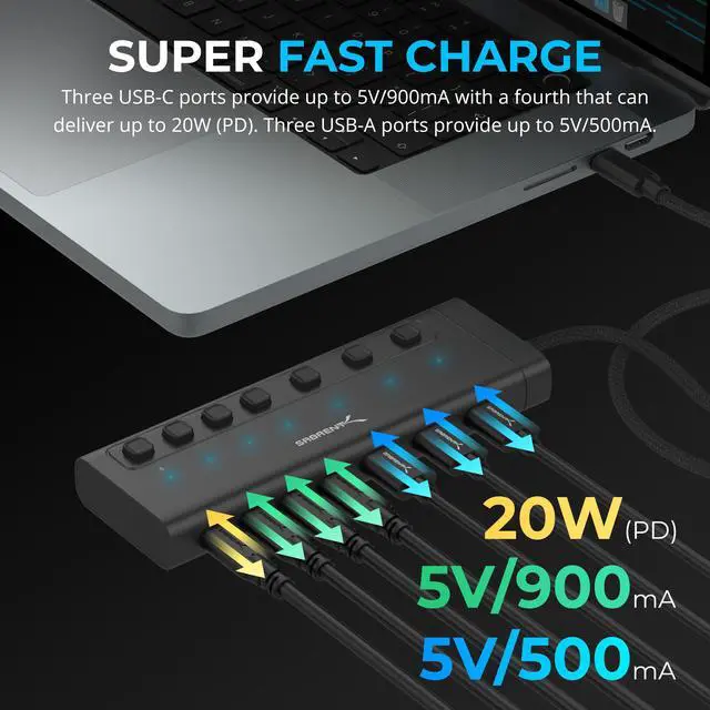 Alt view image 3 of 14 - SABRENT USB C Hub 7-Port 20W Powered Hub with Switches (HB-3A4C)