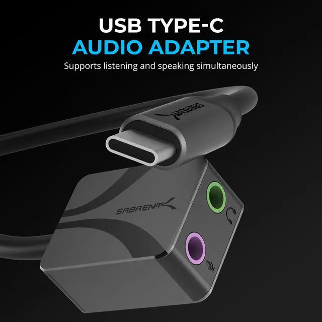 Alt view image 2 of 7 - SABRENT USB Type-C Audio Adapter with 24-Bit/96KHz Hi-Res Sound, Dual 3.5mm Jacks for Mic & Stereo, Aluminum Body, Plug-and-Play  Compatible with Headsets, Laptops, Desktops, Smartphones & Tablets (A