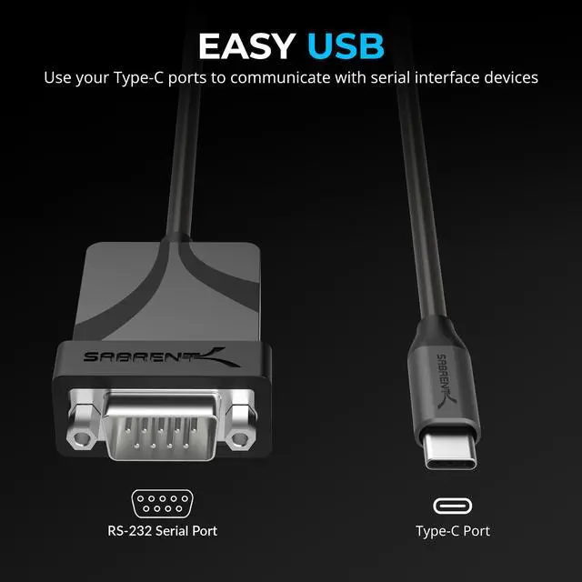 Alt view image 7 of 7 - SABRENT USB-C to DB9 Serial RS-232 Adapter Cable 3FT, Prolific PL2303GS Chipset, USB 2.0, 1bps-12Mbps Baud Rate, for POS Terminals, Modems, GPS, Industrial Devices (CB-D9C3)