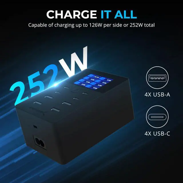 Alt view image 2 of 6 - SABRENT 252W Charger  8-Port USB PD 3.0 with LCD Display, Fast Charging for USB-C & USB-A Devices, Laptops, Phones, Tablets, Gaming Consoles  PPS, Overcharge Protection, Travel-Friendly (AX-8PTC)