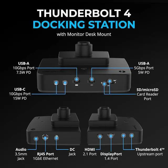 Alt view image 2 of 7 - SABRENT Thunderbolt 4 Docking Station with Monitor Desk Mount, Gas-Lift Arm, 4 USB Ports, UHS-II Card Reader, Gigabit Ethernet, HDMI, DisplayPort, 8K/4K, VESA Mount for Monitors up to 32 (DS-T4WA)