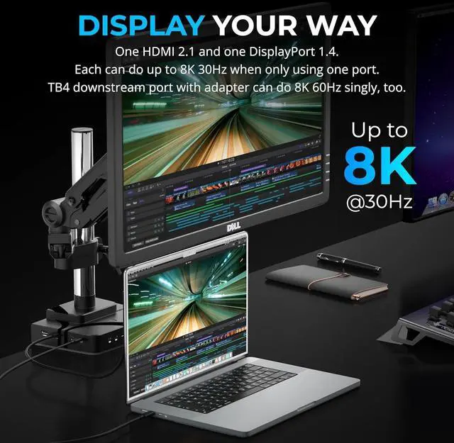 Alt view image 3 of 7 - SABRENT Thunderbolt 4 Docking Station with Monitor Desk Mount, Gas-Lift Arm, 4 USB Ports, UHS-II Card Reader, Gigabit Ethernet, HDMI, DisplayPort, 8K/4K, VESA Mount for Monitors up to 32 (DS-T4WA)