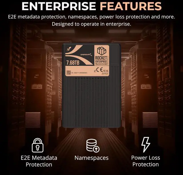 Alt view image 5 of 7 - SABRENT Rocket Enterprise PCIe 4.0 U.2 7.68TB NVMe SSD, High-Endurance Server Drive with Power Loss Protection, Up to 7,000MB/s, 1DWPD, E2E Protection, NVMe-MI, 2.5M MTBF (SB-P4U2-7680)