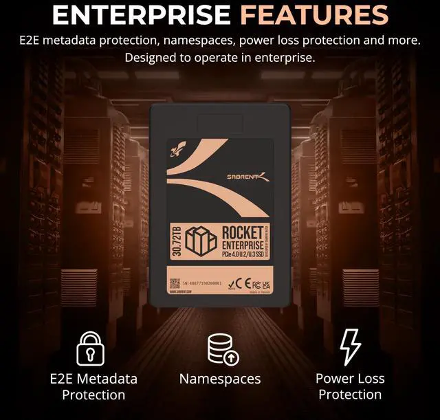 Alt view image 5 of 7 - SABRENT Rocket Enterprise PCIe 4.0 U.2 30.72TB NVMe SSD, High-Endurance Server Drive with Power Loss Protection, Up to 7,000MB/s, 1DWPD, E2E Protection, NVMe-MI, 2.5M MTBF (SB-P4U2-30720)
