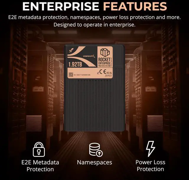 Alt view image 5 of 7 - SABRENT Rocket Enterprise PCIe 4.0 U.2 NVMe 1.92TB SSD, High-Endurance Server Drive with Power Loss Protection, Up to 7,000MB/s, 1DWPD, E2E Protection, NVMe-MI, 2.5M MTBF (SB-P4U2-1920)