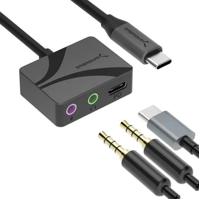 Main image of SABRENT USB Type-C to 3.5mm Audio Adapter with 100W PD, USB C External Sound Card for Headset Microphone Speakers Stereo Output 24-bit 96KHz Compatible with Laptop Tablet Smartphone (AU-PACM)
