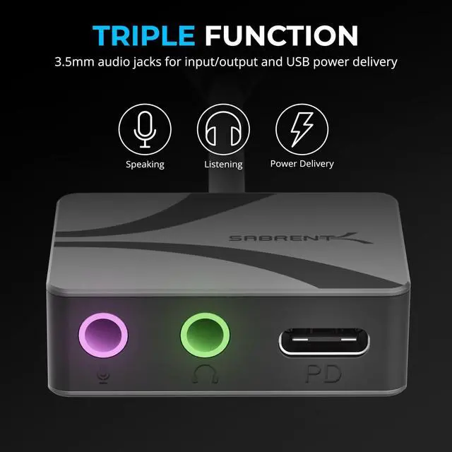 Alt view image 3 of 7 - SABRENT USB Type-C to 3.5mm Audio Adapter with 100W PD, USB C External Sound Card for Headset Microphone Speakers Stereo Output 24-bit 96KHz Compatible with Laptop Tablet Smartphone (AU-PACM)