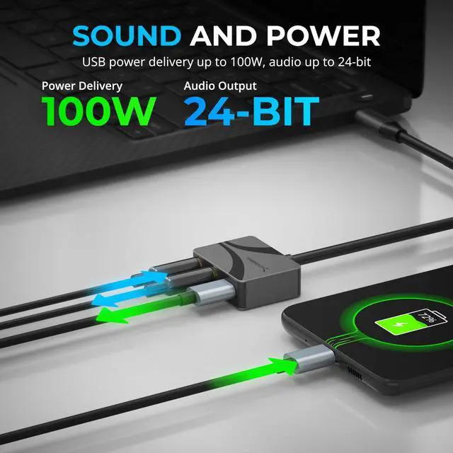 Alt view image 6 of 7 - SABRENT USB Type-C to 3.5mm Audio Adapter with 100W PD, USB C External Sound Card for Headset Microphone Speakers Stereo Output 24-bit 96KHz Compatible with Laptop Tablet Smartphone (AU-PACM)