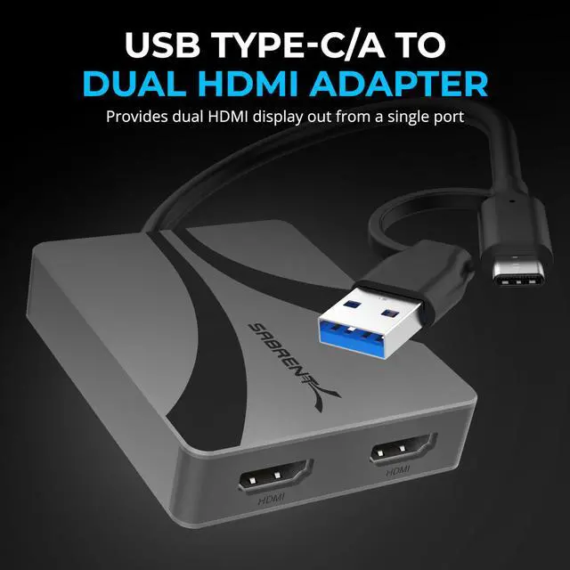 Alt view image 2 of 7 - SABRENT USB Type-C/A to Dual HDMI Adapter, 4K@60Hz, Extended & Mirror Modes, Alt Mode + DisplayLink Compatible, Stereo/5.1 Audio, HDCP Support, Aluminum Housing, Plug & Play, (DA-CA2H)