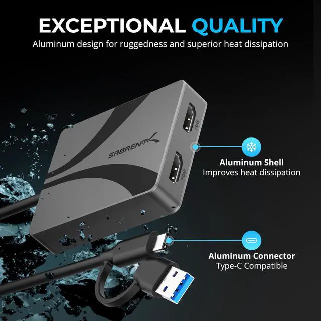 Alt view image 6 of 7 - SABRENT USB Type-C/A to Dual HDMI Adapter, 4K@60Hz, Extended & Mirror Modes, Alt Mode + DisplayLink Compatible, Stereo/5.1 Audio, HDCP Support, Aluminum Housing, Plug & Play, (DA-CA2H)