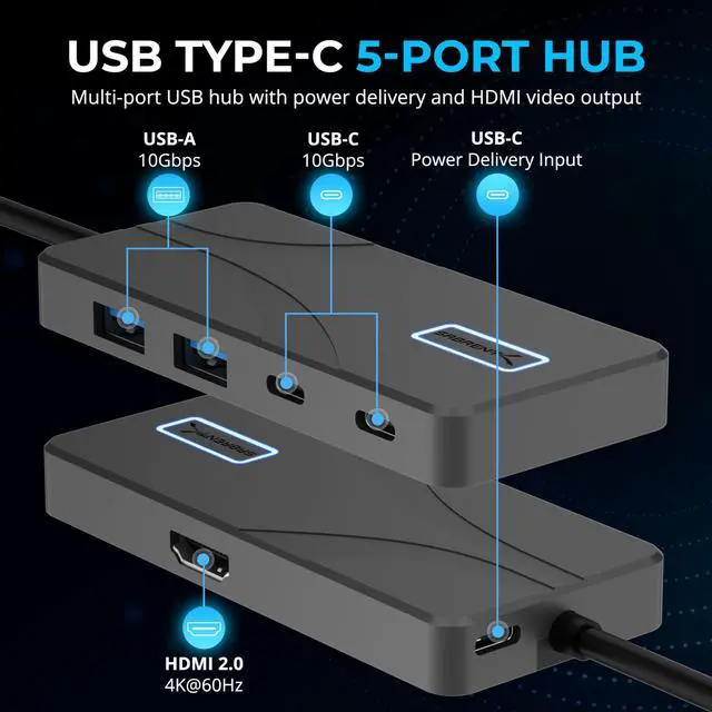 Alt view image 2 of 7 - SABRENT USB Type-C 5-Port Hub with 10Gbps USB 3.2 Ports, 4K HDMI Output, 80W Power Delivery, 2x USB-A, 2x USB-C, Portable Docking Station for Laptops Tablets Smartphones, HDR/HDCP Support (HB-TG5P)
