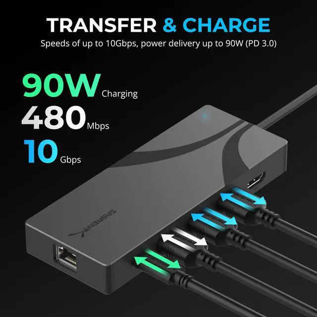 Alt view image 3 of 7 - SABRENT USB-C Hub, 6-Port Dock with M.2 SSD Slot, 90W PD3.0, 1 USB 2.0 & 2 USB 3.0 Type-A Ports, HDMI 2.0 4K@60Hz, RJ45 1GbE Port (HB-6PNV)