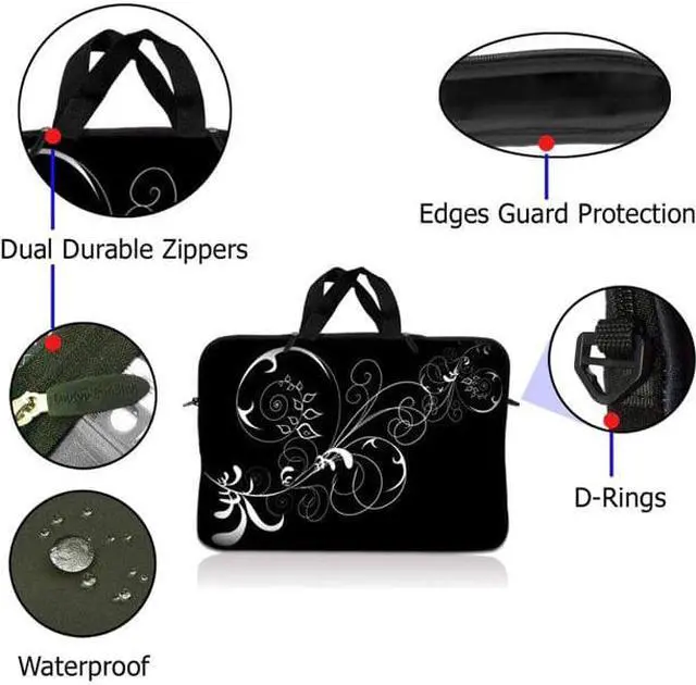 Alt view image 2 of 3 - LSS 15.6 inch Laptop Sleeve Bag Carrying Case Pouch with Handle for 14" 15" 15.4" 15.6" Apple Macbook, GW, Acer, Asus, Dell, Hp, Sony, Toshiba,  Vines Black and White Swirl Floral