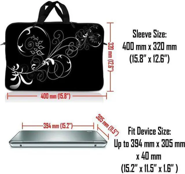 Alt view image 3 of 3 - LSS 15.6 inch Laptop Sleeve Bag Carrying Case Pouch with Handle for 14" 15" 15.4" 15.6" Apple Macbook, GW, Acer, Asus, Dell, Hp, Sony, Toshiba,  Vines Black and White Swirl Floral
