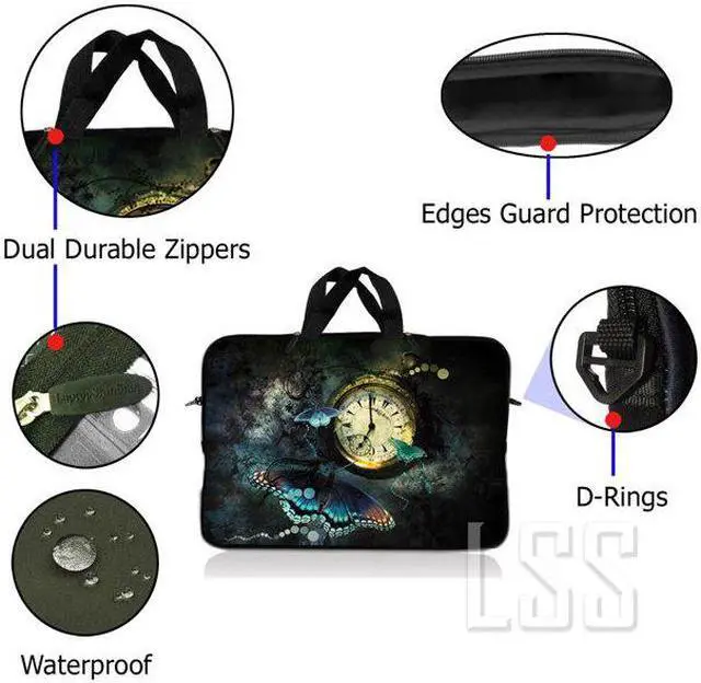 Alt view image 2 of 3 - LSS 17 inch Laptop Sleeve Bag Carrying Case Pouch with Handle for 17.4" 17.3" 17" 16" Apple Macbook, GW, Acer, Asus, Dell, Hp, Sony, Toshiba, Clock Butterfly Floral