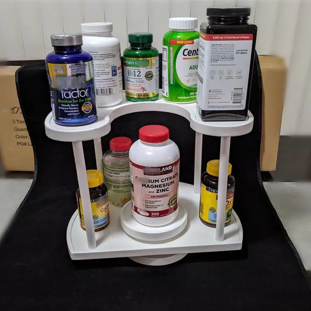 Alt view image 6 of 6 - Two Tier Organizer Wood Lazy Susan for Countertop Spinner Turntable Tea Organizer for Cabinet Soda Rack Organizer Turn Tables for Organization Spice Storage Organizer House Organization Light Gray