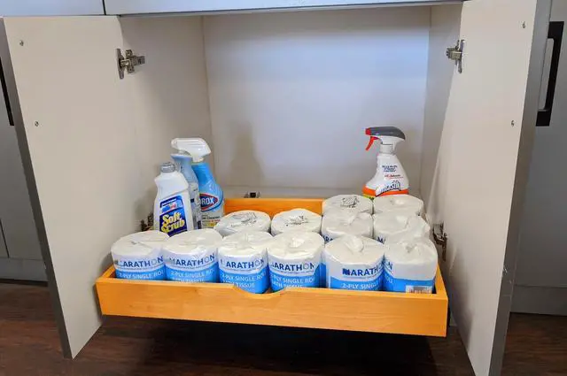 Alt view image 2 of 7 - 26'' Under Sink Organizers Storage Dovetail Drawer Rollout Drawer Wood Tray Kitchen Organizer Cabinet Slide Out Shelve Pull-Out Shelf Organization Assembled w/Sliders (26'' Width/one Drawer)