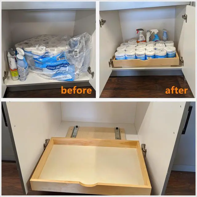 Alt view image 3 of 7 - 26'' Under Sink Organizers Storage Dovetail Drawer Rollout Drawer Wood Tray Kitchen Organizer Cabinet Slide Out Shelve Pull-Out Shelf Organization Assembled w/Sliders (26'' Width/one Drawer)