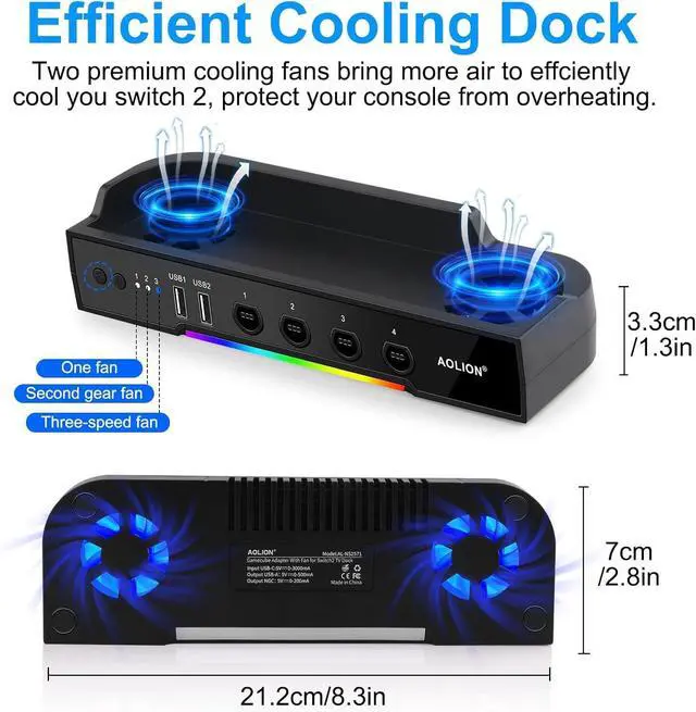 Alt view image 2 of 6 - Abourt Cooling Fan Dock Station Compatible with Nintendo Switch 2, Adapter Compatible with Gamecube Controller, Dual-Fan Cooling System with 2 USB Ports for Charging Data