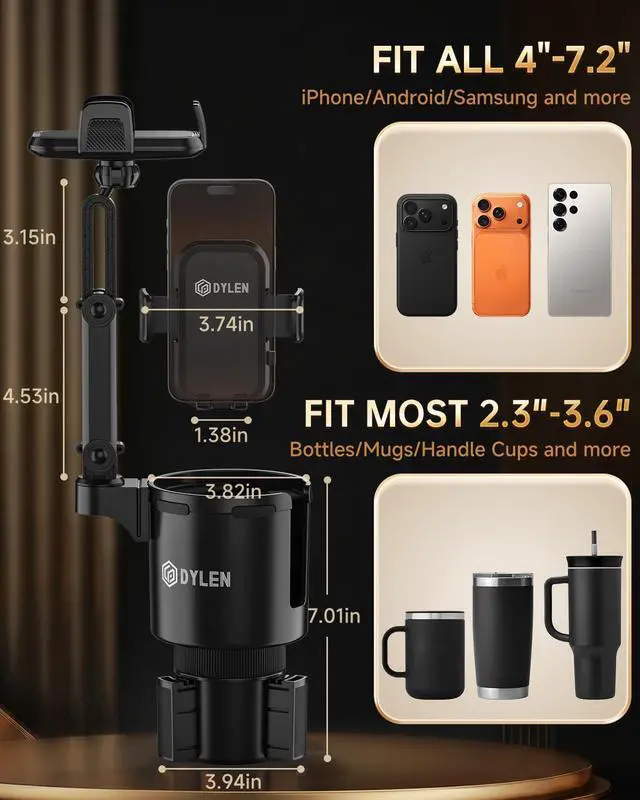 Alt view image 5 of 6 - Cup Holder Phone Holder for Car, 2 in 1 Cup Holder Phone Mount with Adjustable Base, Long-Arm Supports 360° Rotation, Car Phone Holder Compatible with All Phones| Anti-Slip&No Shake Design