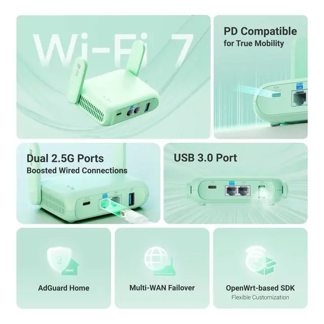 Alt view image 4 of 7 - GL.iNet GL-MT3600BE (Beryl 7) Portable Travel Router, Pocket Wi-Fi 7 Wireless 2.5G Router, Mini Portable VPN Routers WiFi for Car, Travel, Public Computer Routers, Business, Mobile/RV/Cruise/Plane