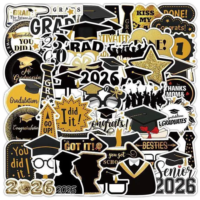 Main image of 50 PCS 2026 Graduation Stickers, Waterproof Vinyl Black & Gold Foil Graduation Decals for Laptop, Luggage, Skateboard, Phone, Fridge, Trendy Stickers for Teens, Adults, Graduates