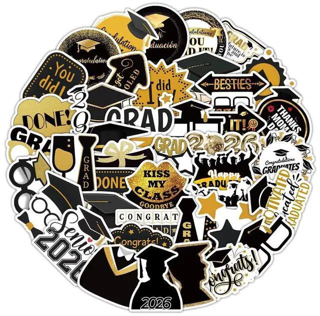 Alt view image 2 of 6 - 50 PCS 2026 Graduation Stickers, Waterproof Vinyl Black & Gold Foil Graduation Decals for Laptop, Luggage, Skateboard, Phone, Fridge, Trendy Stickers for Teens, Adults, Graduates