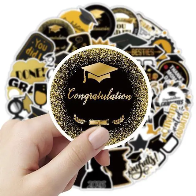Alt view image 6 of 6 - 50 PCS 2026 Graduation Stickers, Waterproof Vinyl Black & Gold Foil Graduation Decals for Laptop, Luggage, Skateboard, Phone, Fridge, Trendy Stickers for Teens, Adults, Graduates