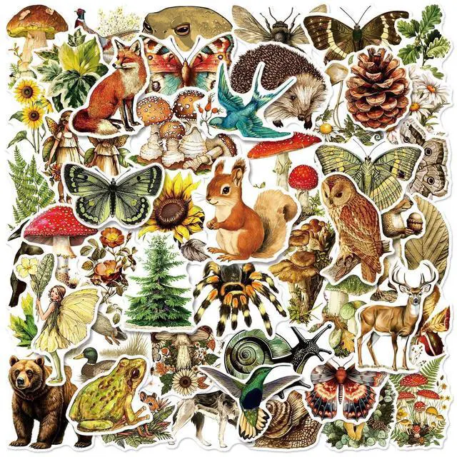 Main image of 50 Pcs Vintage Flora & Fauna Forest Stickers, Waterproof Vinyl Retro Nature Decals for Laptop Skateboard Luggage, Classic Woodland Creature & Plant Stickers Gift for Kids Teens Adults (Flora Fauna)