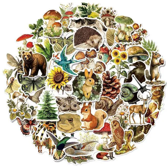 Alt view image 6 of 7 - 50 Pcs Vintage Flora & Fauna Forest Stickers, Waterproof Vinyl Retro Nature Decals for Laptop Skateboard Luggage, Classic Woodland Creature & Plant Stickers Gift for Kids Teens Adults (Flora Fauna)