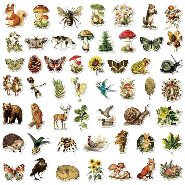 Alt view image 7 of 7 - 50 Pcs Vintage Flora & Fauna Forest Stickers, Waterproof Vinyl Retro Nature Decals for Laptop Skateboard Luggage, Classic Woodland Creature & Plant Stickers Gift for Kids Teens Adults (Flora Fauna)