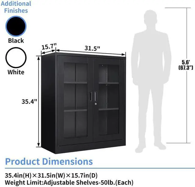 Alt view image 3 of 7 - AFAIF  Metal Storage Cabinet with Glass Doors - 35.4" Locking Display Cabinet with 2 Adjustable Shelves, 3-Tier Steel Cabinet Locker for Home Office, Living Room, Bedroom