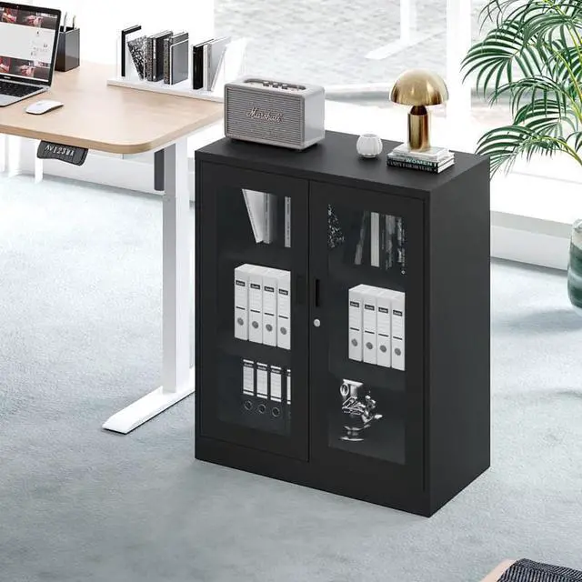Alt view image 2 of 7 - AFAIF  Metal Storage Cabinet with Glass Doors - 35.4" Locking Display Cabinet with 2 Adjustable Shelves, 3-Tier Steel Cabinet Locker for Home Office, Living Room, Bedroom