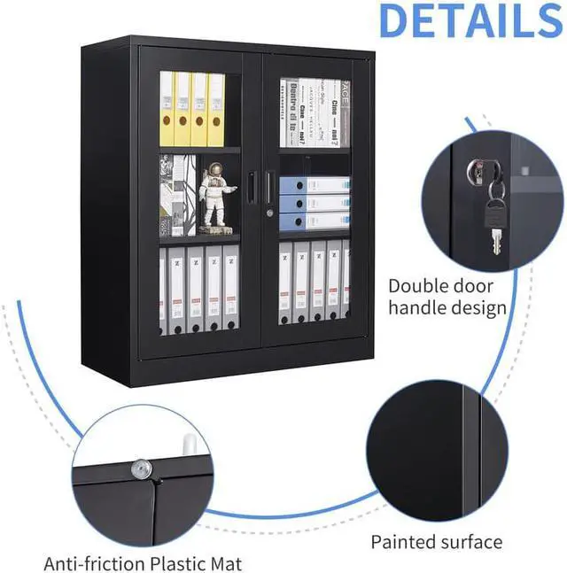 Alt view image 4 of 7 - AFAIF  Metal Storage Cabinet with Glass Doors - 35.4" Locking Display Cabinet with 2 Adjustable Shelves, 3-Tier Steel Cabinet Locker for Home Office, Living Room, Bedroom
