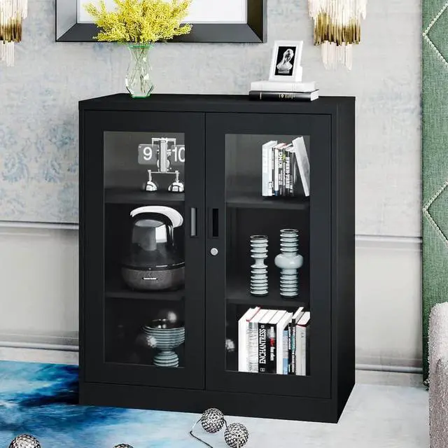 Alt view image 5 of 7 - AFAIF  Metal Storage Cabinet with Glass Doors - 35.4" Locking Display Cabinet with 2 Adjustable Shelves, 3-Tier Steel Cabinet Locker for Home Office, Living Room, Bedroom