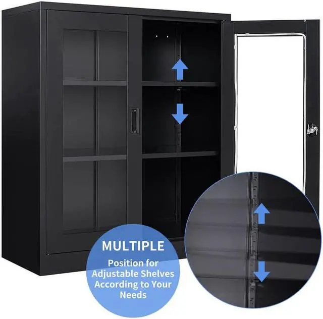 Alt view image 7 of 7 - AFAIF  Metal Storage Cabinet with Glass Doors - 35.4" Locking Display Cabinet with 2 Adjustable Shelves, 3-Tier Steel Cabinet Locker for Home Office, Living Room, Bedroom
