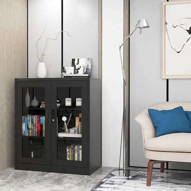 Alt view image 6 of 7 - AFAIF  Metal Storage Cabinet with Glass Doors - 35.4" Locking Display Cabinet with 2 Adjustable Shelves, 3-Tier Steel Cabinet Locker for Home Office, Living Room, Bedroom