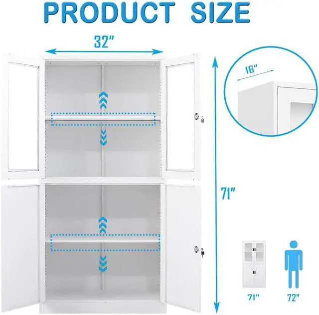 Alt view image 3 of 7 - Storage Cabinet with Doors and Shelves, 71" Steel Locker Acrylic Glass Door with Lock, for School Home Office