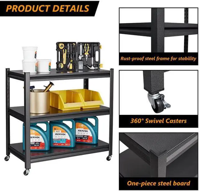 Alt view image 7 of 7 - Garage Shelving, Rolling Shelf with Wheels for Storage, 3-Tier Metal Shelving Unit with Wheels for Garage Kitchen Office, Utility Carts with Wheels, Bakers Rack Shelf, Storage Shelves on Wheels