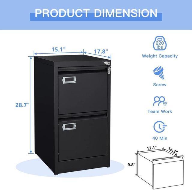 The Container Store 2-Drawer Locking Filing Cabinet Matte Black, 16-1/4 x 15-5/8 x 28-15/16 H