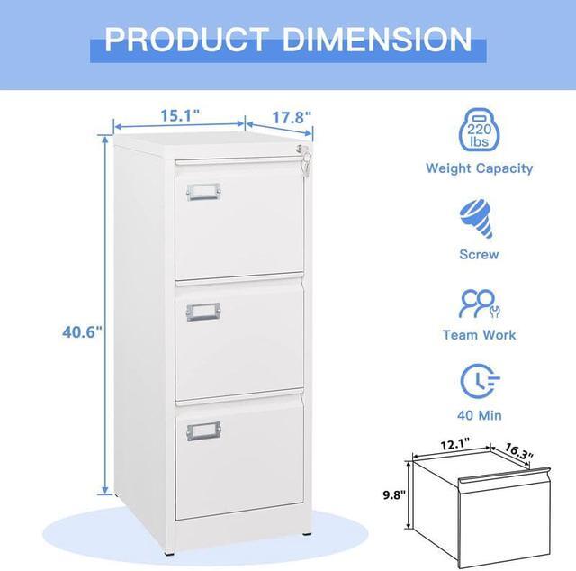 Alt view image 3 of 7 - 3 Drawer File Cabinet with Lock, Filing Cabinets for Home Office, Metal Locking Office File Storage Cabinets with Drawers, Vertical Small Filing Cabinet Organizer for Legal/A4