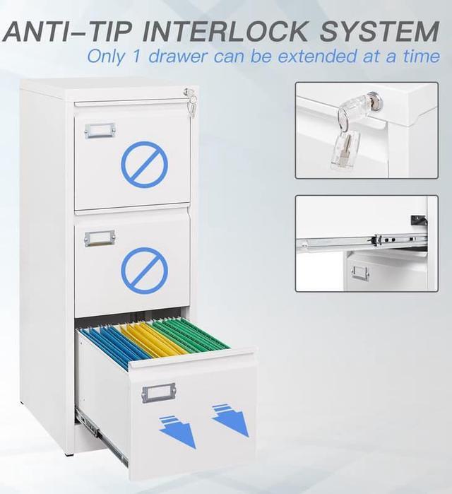 Alt view image 4 of 7 - 3 Drawer File Cabinet with Lock, Filing Cabinets for Home Office, Metal Locking Office File Storage Cabinets with Drawers, Vertical Small Filing Cabinet Organizer for Legal/A4