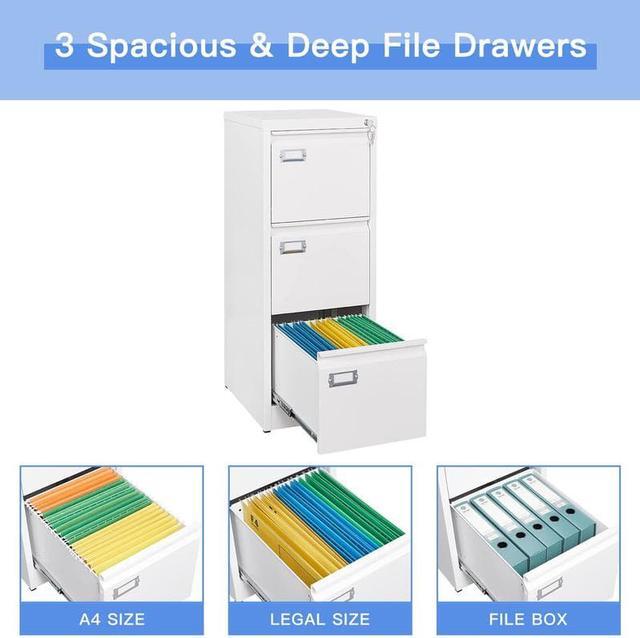 Alt view image 6 of 7 - 3 Drawer File Cabinet with Lock, Filing Cabinets for Home Office, Metal Locking Office File Storage Cabinets with Drawers, Vertical Small Filing Cabinet Organizer for Legal/A4