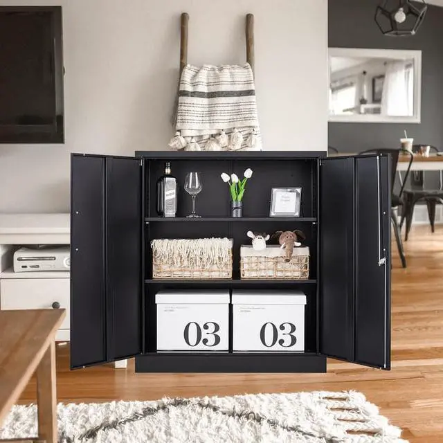 Alt view image 2 of 7 - Metal Storage Cabinets with Lock, Small Locker Organizer Steel Cabinets, Adjustable Layers Shelves 2 Doors for Home, Office, Warehouse,Garage,Industrial,Employee Lockers