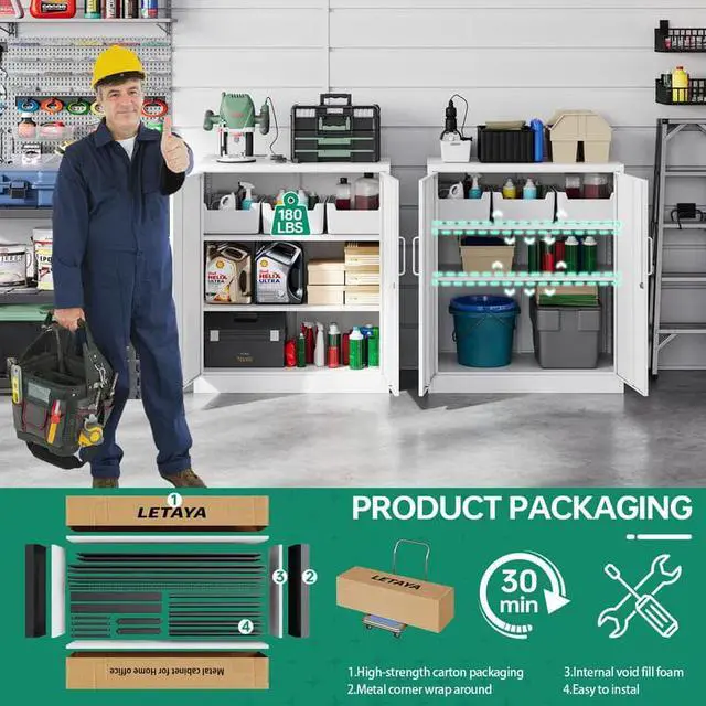 Alt view image 4 of 7 - Metal Storage Cabinets with Lock, Small Locker Steel Cabinets, Adjustable Shelves 2 Doors for Home,Office, Warehouse,Garage