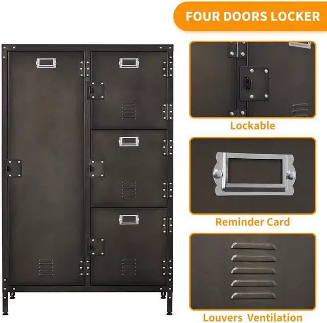 Alt view image 6 of 7 - AFAIF Metal Locker Storage Cabinet, 55" Steel Retro Wardrobe, 4 Doors Lockable, Adjustable Feet Organizer Locker for Employees Home Office School Gym (4 Doors)